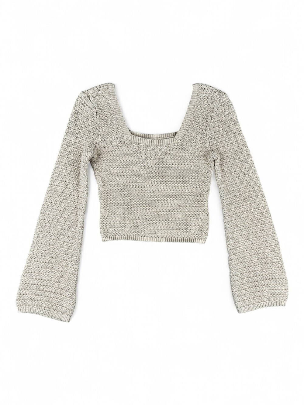 Hollister Cream Cropped Knit Scoop Neck Sweater M Beige Flared Sleeve Cotton